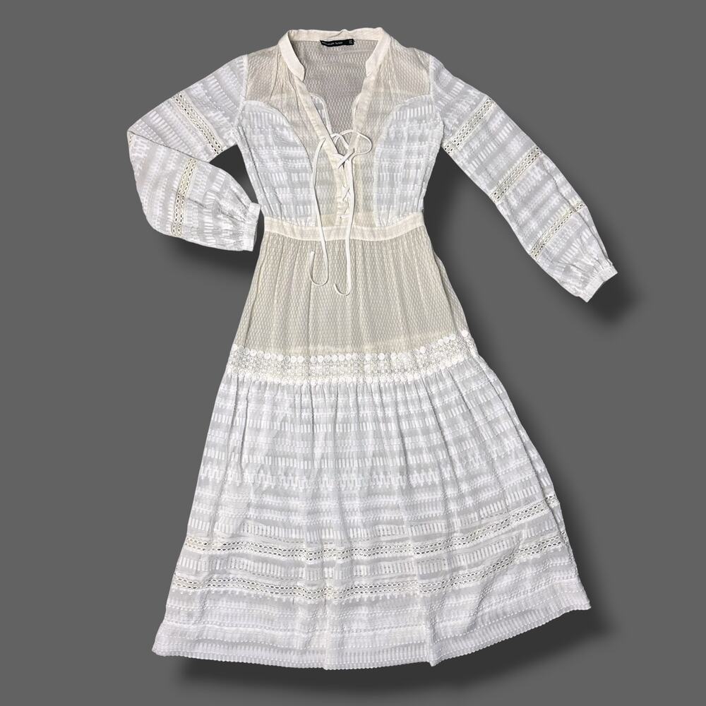 Karen Millen The Atelier Silk Lace Up Prairie Boho Cream Sheer Dress Sz 6 - Picture 9 of 10
